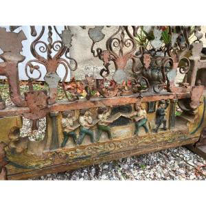 Sicilian Cart Axle In Wood And Carved Wrought Iron Mounts In Table