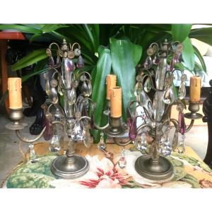 Pair Girandoles Bronze Amethyst Colored Crystals