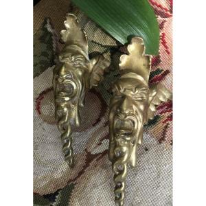 Pair Of Furnishing Bronzes Depicting Faces Of Satyrs