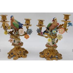 Pair Of Candlesticks Decorated With Birds And Flowers In Porcelain