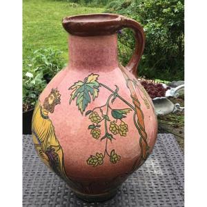 Huge Glazed Earth Pitcher On The King Of Beer 1900 (47 Cm)
