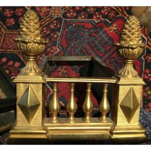 Pair Of Large Andirons In Bronze Decorated With Pine Cones, XIXth