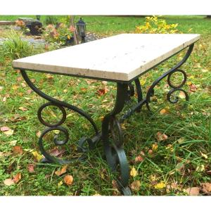 Wrought Iron And Travertine Coffee Table, Circa 1950