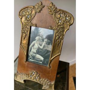 Frame In Wood And Repoussé Brass, Art Nouveau.