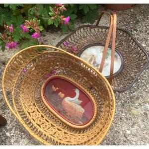 Folk Art, Two Small Baskets With Painted Bottoms 