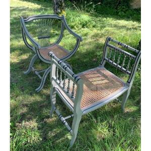 Curule Lacquered And Cane Armchair And Its Footrest