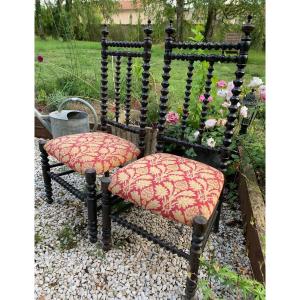 The Pair Of Low Chairs In Turned Wood