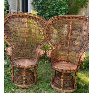 Pair Of Stained And Woven Rattan Armchairs Circa 1970