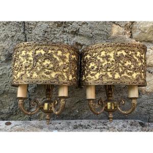 Pair Of Gilded Brass Wall Lights With Putti Decor