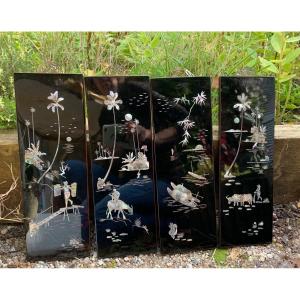 The Four Small Indochina Panels Inlaid With Mother-of-pearl 
