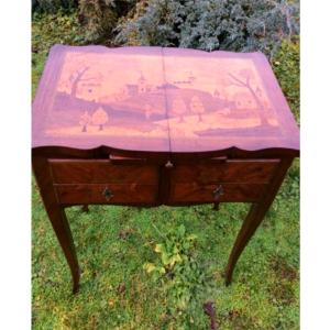 Marquetry Dressing Table Depicting A 19th Century Landscape.