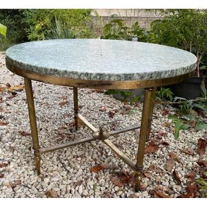 Round Bronze And Brass Coffee Table With Green Marble Top