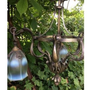 Opalescent Tulip Chandelier, Arts And Craft, Circa 1900