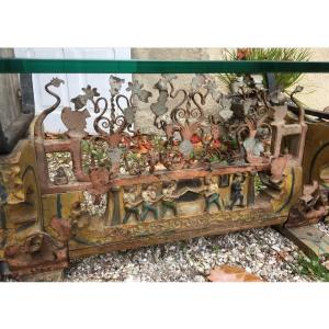 Sicilian Cart Axle Coffee Table In Wood And Wrought Iron 