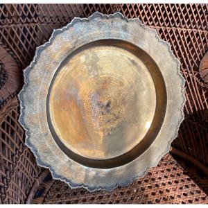 Large Chiseled And Engraved Dish In Gilded Brass, Indochina