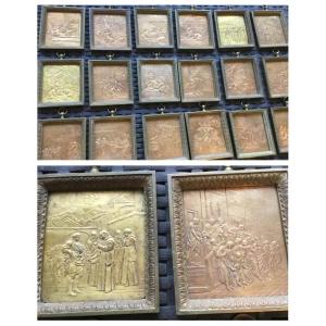 Set Of 18 Framed Bronze Religious Plaques