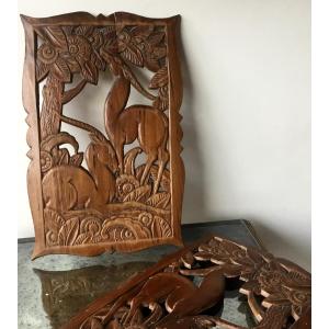 The Pair Of Art Deco Carved Antelope Panels