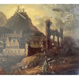 Ruins, Small Painting On Wood Panel