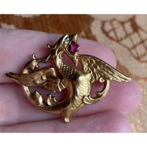 Art Nouveau Gold Dragon Brooch 