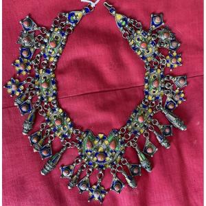  Silver Breastplate Necklace With Enamel Decoration And Coral Cabochons