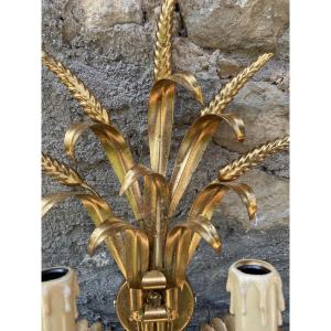 Gilded Metal Wall Lamp "sheaves Of Wheat", Circa 1970.
