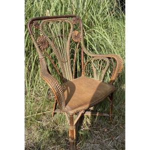 High-backed "winter Garden" Armchair In Wood And Wicker