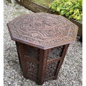 Asian Pedestal Table With Openwork Sculpture And Embroidery 