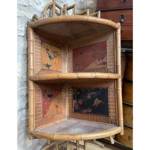 Large Asian Corner Cabinet With Bamboo And Lacquer