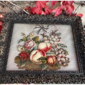 Embroidered Picture, Flowers And Fruit 