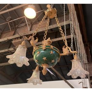 Empire Style Chandelier, Green And Gold Sheet Metal