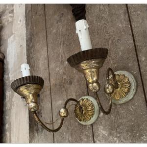 Pair Of Italian Wall Sconces In Gilded Wood And Metal 