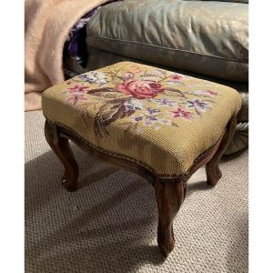 Footrest Covered In Needlepoint Tapestry