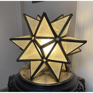 Antique Star Pendant Light In Bronze And Cathedral Glass 