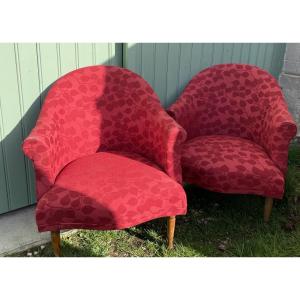 The Pair Of Small Raspberry-colored Toadstool Armchairs 