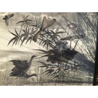 Two Chinese Embroidery On Silk In Grisaille, Early Twentieth