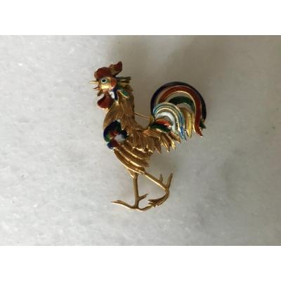 Enameled Rooster Brooch