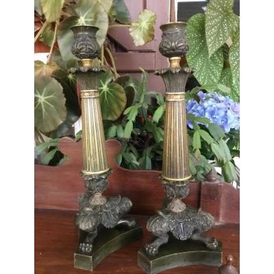 Pair Of Candlesticks In Gilt Bronze Restoration With Two Patinas