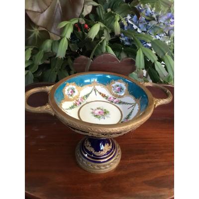 Cup On Foot Bronze And Porcelain, XIXth