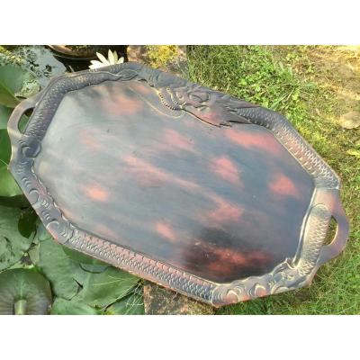 Indochinese Lacquered Tray With Carved Dragons Decor