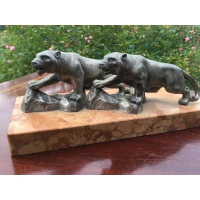 Couple Of Panthers On A Marble Base, Art Deco