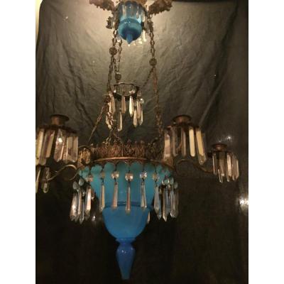 Chandelier With 6 Lights In Blue Opaline And Cherubs Ep Restoration