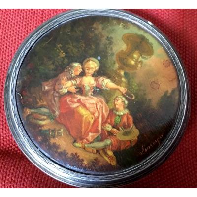 Silver Box Adorned With A Miniature In Martin Varnish Signed Lemoyne