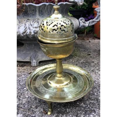 Ottoman Brass Incense Burner With Incised And Openwork Decor, Turkey Nineteenth