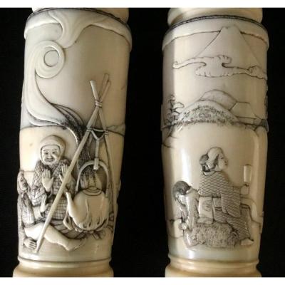 Pair Of Small Japanese Ivory Vases, Edo Period