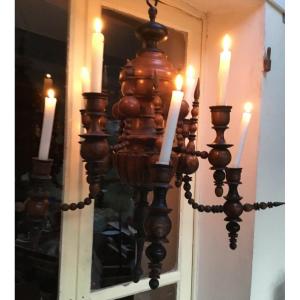 Folk Art Turned Wood Chandelier, Masterwork