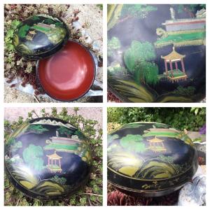 Lacquered Box Decor Of Pagodas, Circa 1900