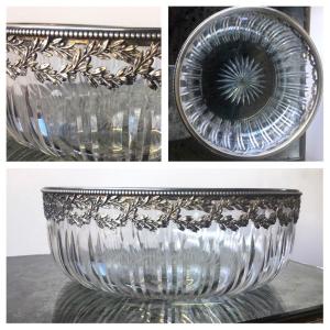 Baccarat - Large Salad Bowl In Cut Crystal Mounted Silver Crowns Of Laurels