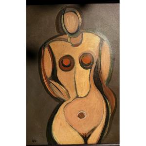 French School, Female Nude, Oil On Panel Signed With Monogram At, 1950s