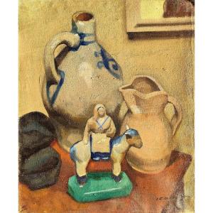 J. F. Canepa, Pichets Et Santon, Huile Sur Toile Signée à Droite, Encadrée