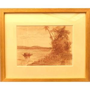 Marcel Bernanose (1884-1952), Sampan Sur Le Mekong, Sanguine Drawing Signed Lower Right, 1910